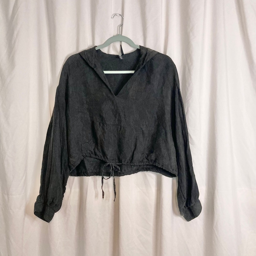 Zara Boho Indie Black Cropped Hooded Lyocell Top M V-Neck Utility Minimal Fall